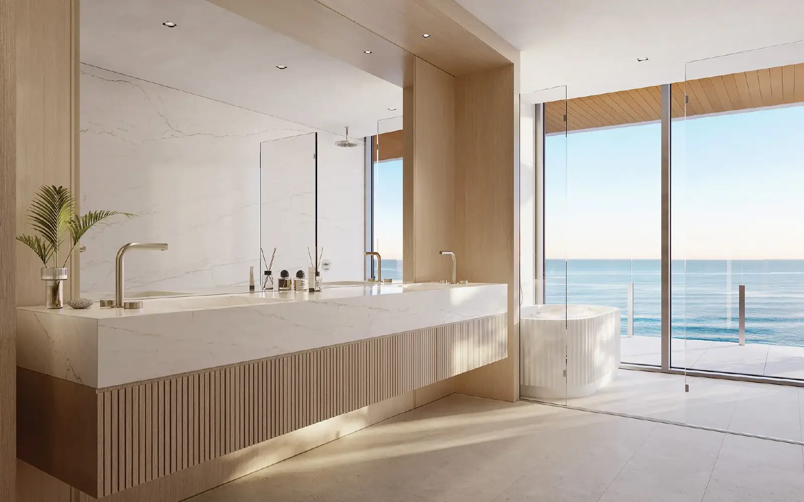 Ocean House Surfside primary bathroom rendering with stone surfaces and a freestanding tub