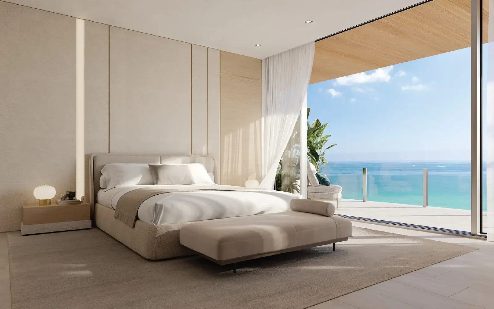 Primary bedroom rendering at Ocean House Surfside with full-height glazing
