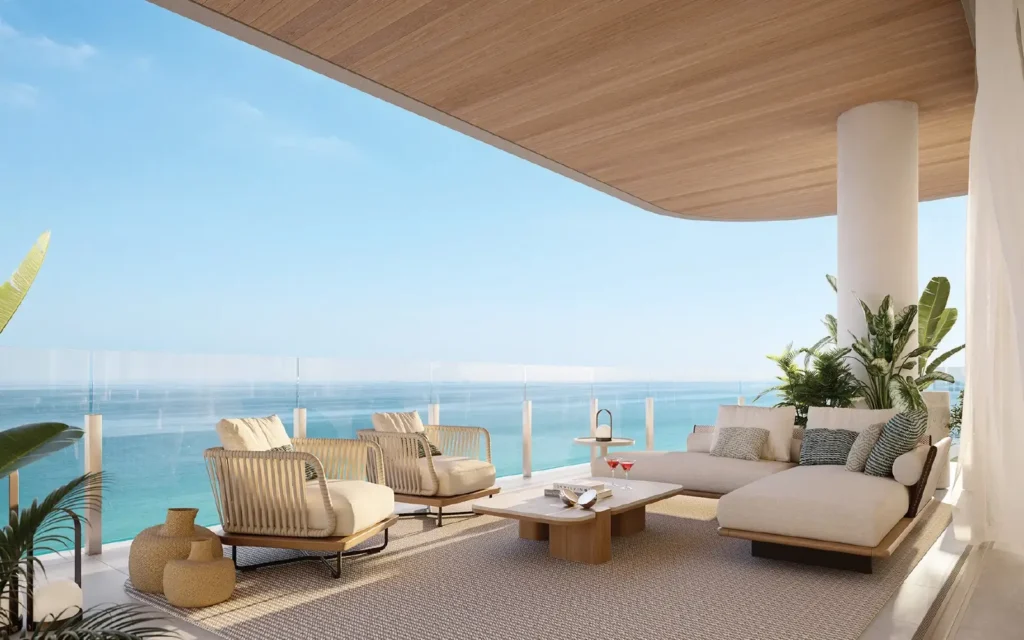 Ocean House Surfside terrace rendering with seating and Atlantic Ocean views